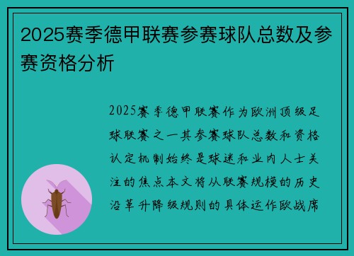 2025赛季德甲联赛参赛球队总数及参赛资格分析